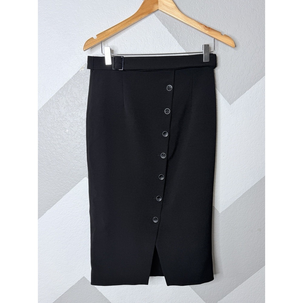 White House Black Market Womens 4 Black High Waist Button Pencil Midi Skirt Belt - Picture 3 of 11